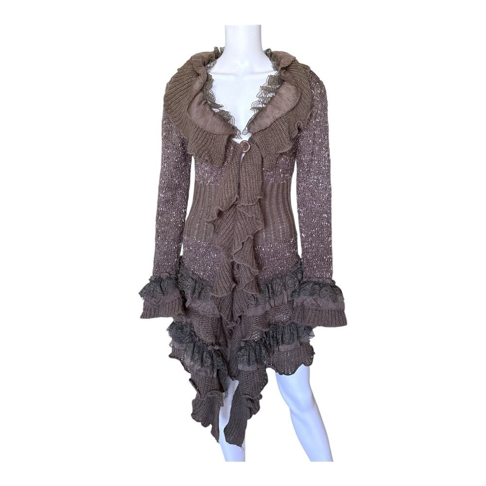 John Fashion Cardigan Womens XL Brown Wool Ruffle Lace Longline Duster Sweater